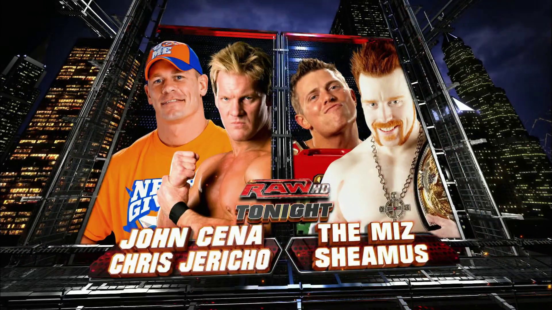 A frame from WWE Raw (July 26, 2010) at 38:14. A WWE Raw promotional graphic displays four wrestlers in a tag team match lineup: John Cena and Chris Jericho versus The Miz and Sheamus, set against a nighttime cityscape backdrop with illuminated skyscrapers.
