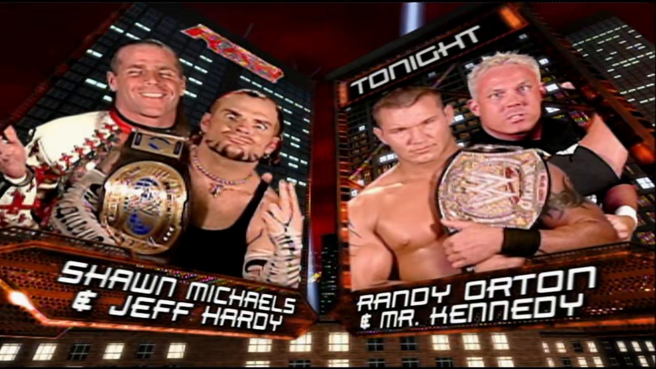 A frame from WWE Raw (December 17, 2007) at 1:03:37. A WWE Raw broadcast graphic displays two tag team pairings: Shawn Michaels & Jeff Hardy on the left holding championship belts, and Randy Orton & Mr. Kennedy on the right, set against a red and black arena backdrop with "TONIGHT" signage visible.