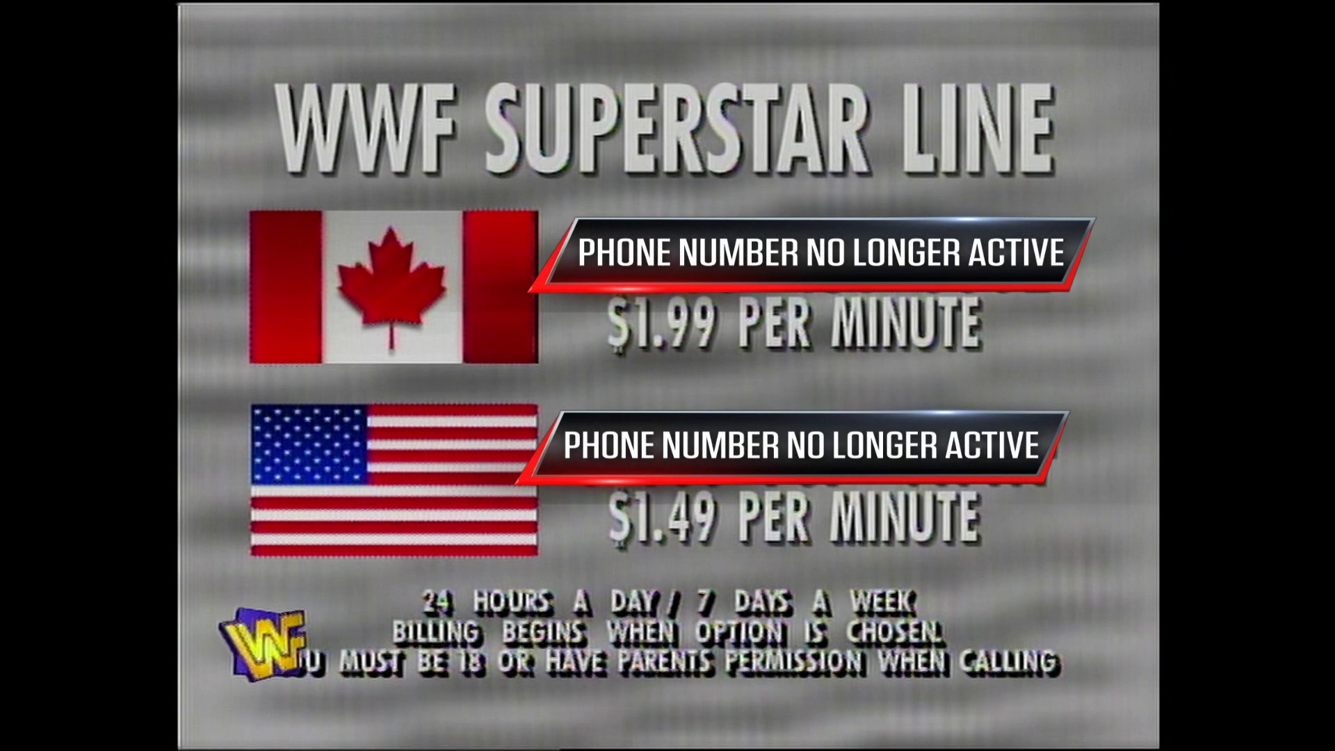 A frame from WWE Raw (May 15, 1995) at 9:45. A WWF Superstar Line commercial graphic displays phone rates for Canada ($1.99/minute) and the USA ($1.49/minute), both marked as inactive numbers, with terms stating 24-hour availability and age/parental permission requirements.