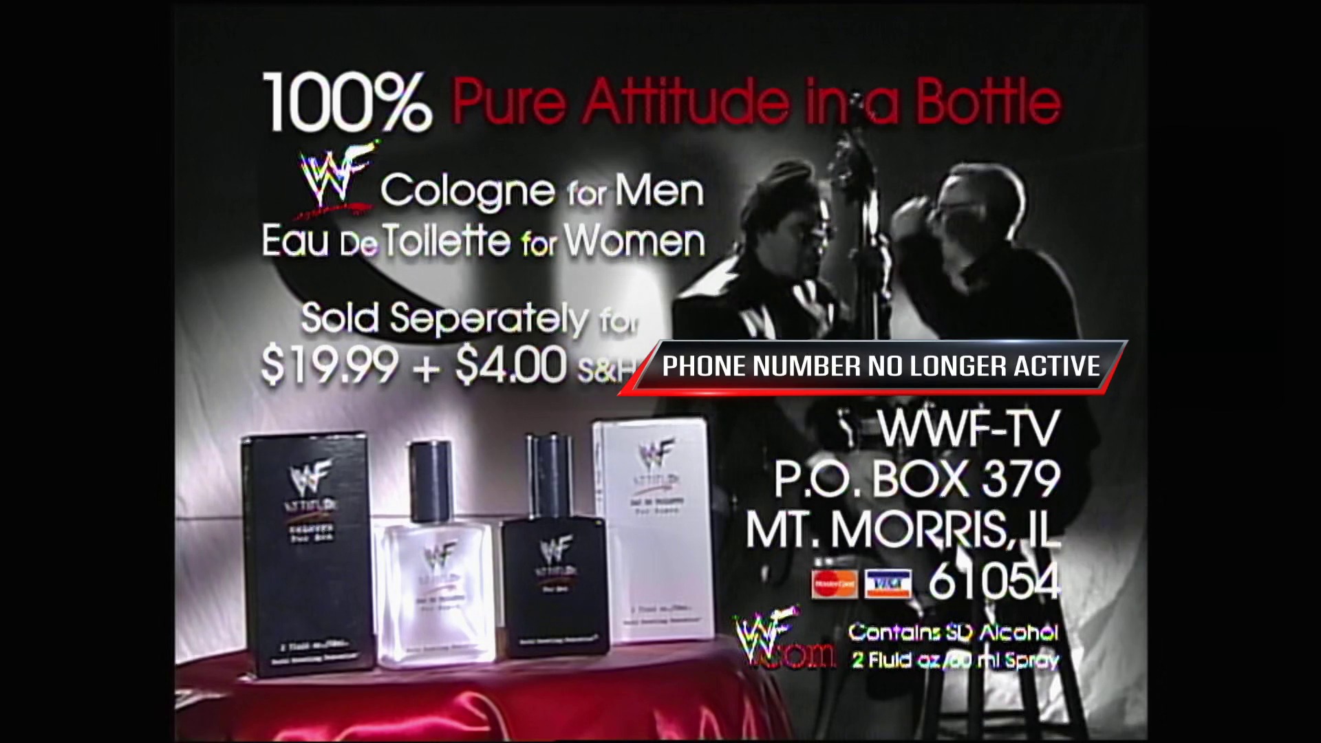 A frame from WWE Raw (December 7, 1998) at 21:26. A WWF fragrance advertisement displays cologne and eau de toilette bottles against a dark background with two wrestlers, promoting "100% Pure Attitude in a Bottle" with pricing and ordering information via P.O. Box.