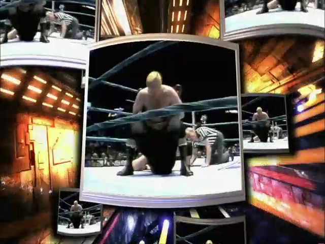 A frame from WWE SmackDown (September 24, 2010) at 0:05. A WWE wrestling match is displayed on a large central screen with surrounding monitors showing various angles and backstage footage. The ring features wrestlers in action while the arena's warm lighting and broadcast graphics frame the dynamic scene.