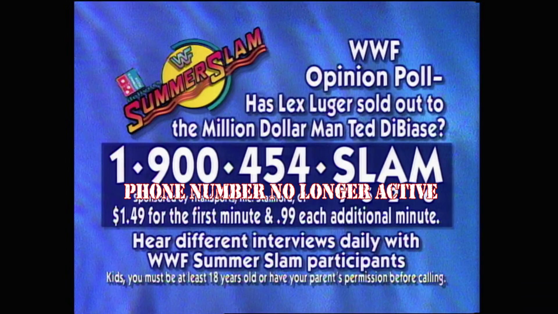A frame from WWE Raw (August 22, 1994) at 16:29. A WWF SummerSlam promotional graphic features the event logo and a poll question about Lex Luger and Ted DiBiase, with a phone number (1-900-454-SLAM) and pricing information displayed against a blue background.