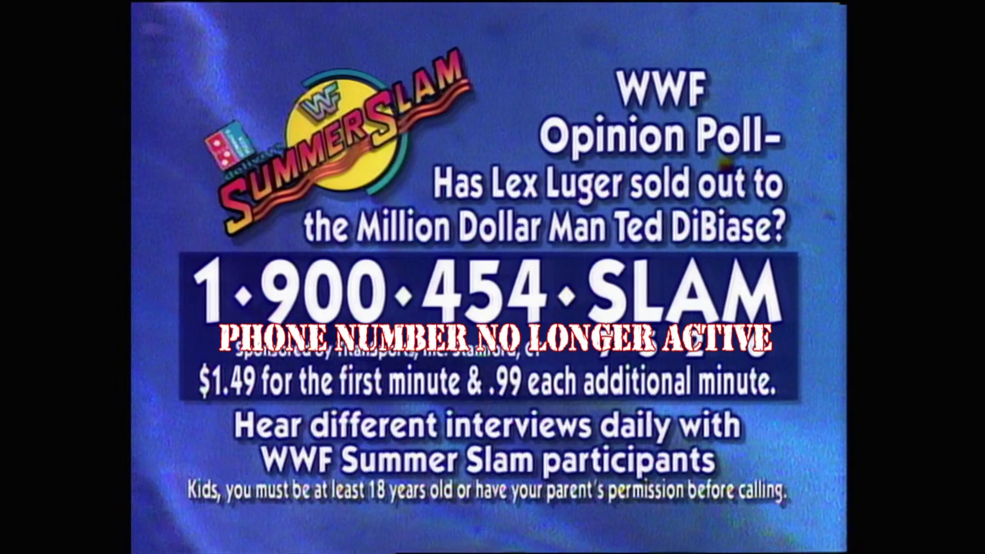 A frame from WWE Raw (August 22, 1994) at 16:56. A WWF SummerSlam promotional graphic overlays a blue background, displaying a poll question about Lex Luger and Ted DiBiase with a phone number for viewer participation and pricing information.