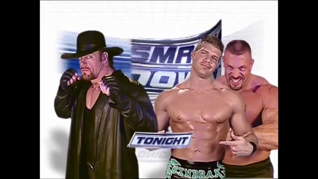 A frame from WWE SmackDown (February 18, 2005) at 50:41. Three wrestlers are featured in this WWE SmackDown promotional image: one in a black hat and long coat on the left, and two shirtless competitors in the center and right. The "TONIGHT" and SmackDown graphics are visible in the background.