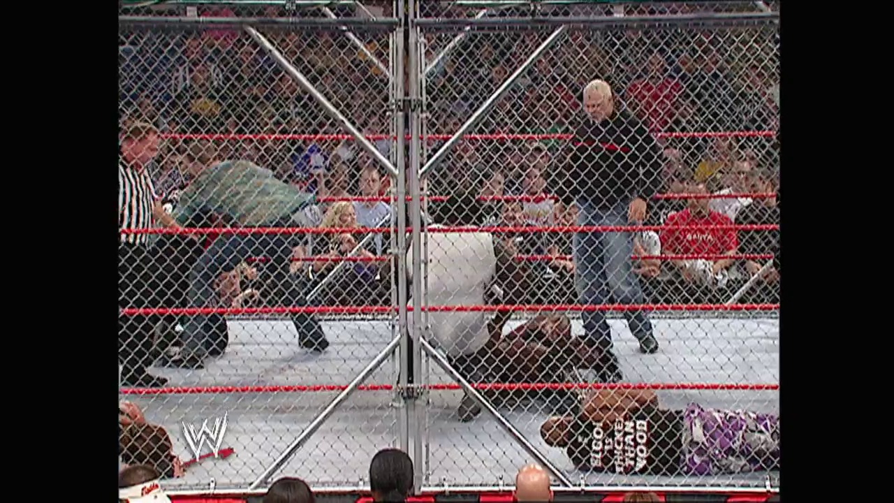 A frame from WWE Raw (October 27, 2003) at 1:34:40. A steel cage structure dominates the frame during a WWE wrestling match, with wrestlers visible inside the enclosed ring surrounded by red ropes and mesh fencing. The crowd can be seen in the background bleachers, and the WWE logo appears in the lower left corner.