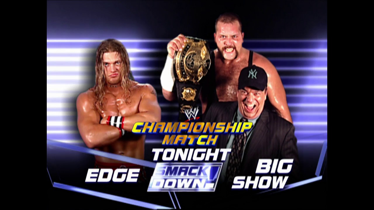 A frame from WWE Raw (November 21, 2002) at 59:41. A WWE SmackDown promotional graphic features three wrestlers and a manager displaying a championship belt against a blue-lit background. Text identifies a championship match between Edge and Big Show, with the WWE logo visible.