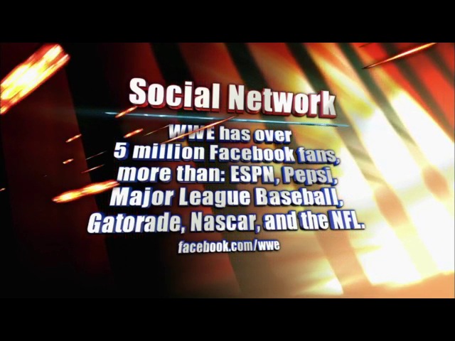 A frame from WWE Raw (May 9, 2011) at 26:35. # WWE Raw Social Network Graphic

A dynamic graphic overlay displays WWE's social media milestone, stating they have over 5 million Facebook fans more than ESPN, Pepsi, Major League Baseball, Gatorade, NASCAR, and the NFL, with the Facebook URL displayed against a fiery red and gold background.